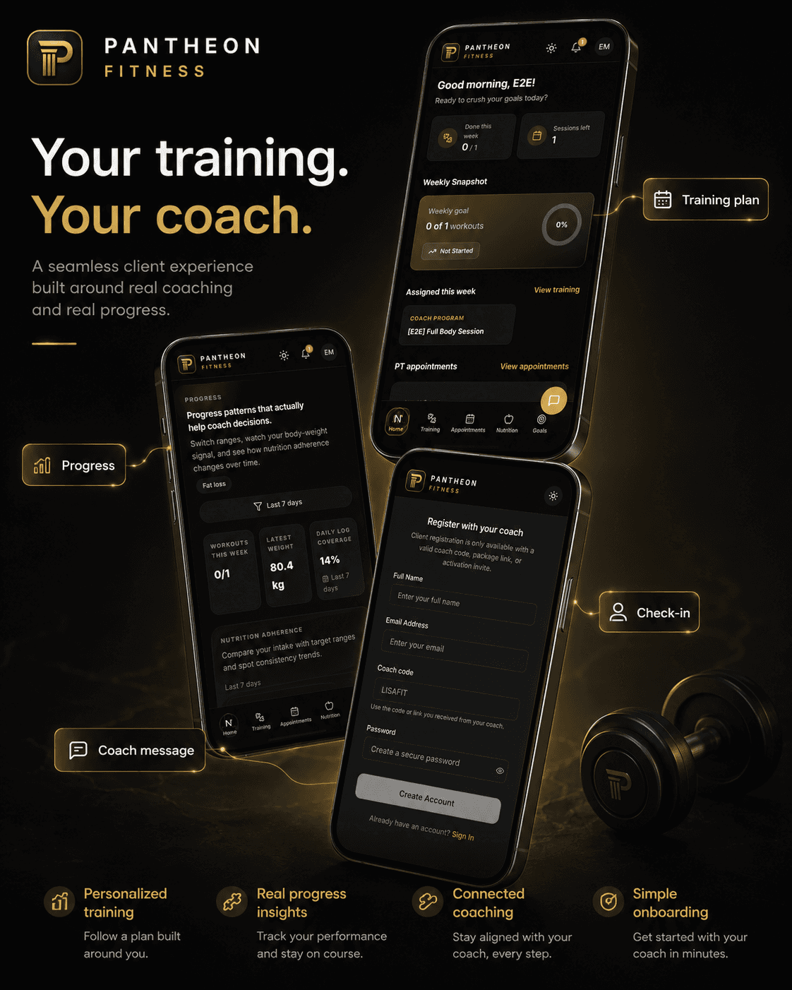 Pantheon Fitness client app with training, progress and coach-code registration